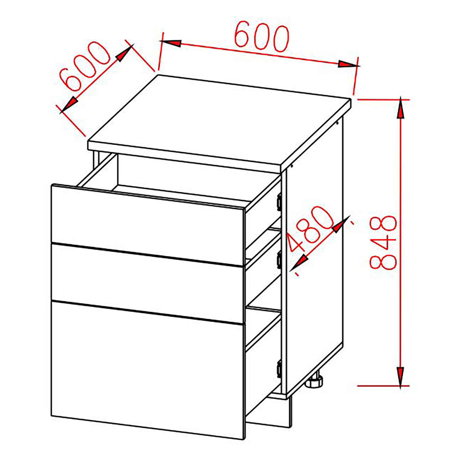 Шкаф напольный 600х850х600 мм BROZEX-WOOD Melissa, с тремя ящиками, светло-бежевый