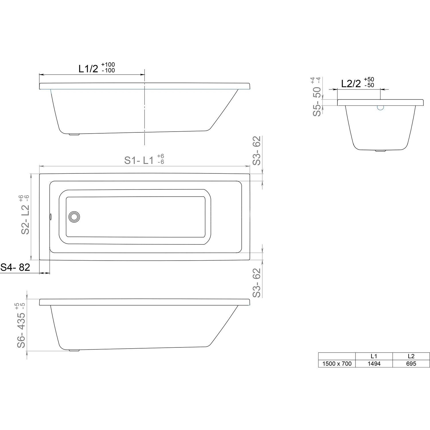 Ванна акриловая 150x70 см Triton Аура, универсальная, без ножек