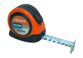 Рулетка 5мх25мм STURM с 2-х сторон.шкалой, 2-ой зацеп, обрез.корп. (3100302) *1/12/96